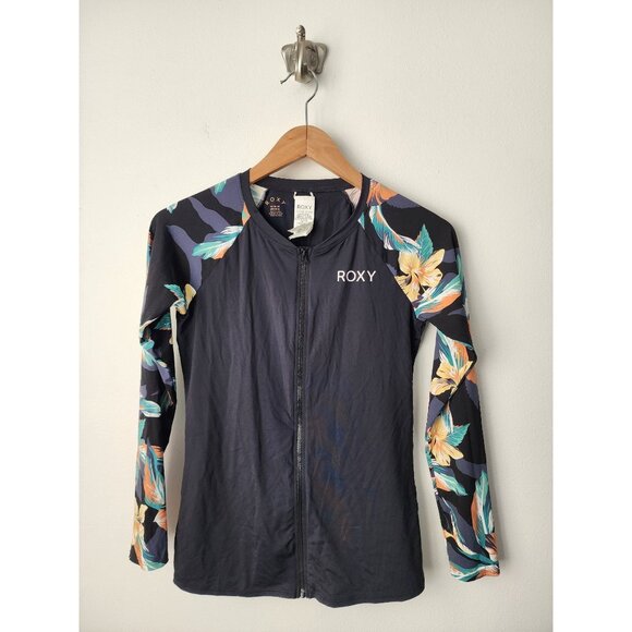 Roxy black floral essentials UPF 50 long sleeve front zip rashguard M - Picture 2 of 7